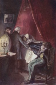 Emma, le menton enfoncé dans sa poitrine, allongée avec des yeux ouverts et fixes - Pierre Georges Jeanniot